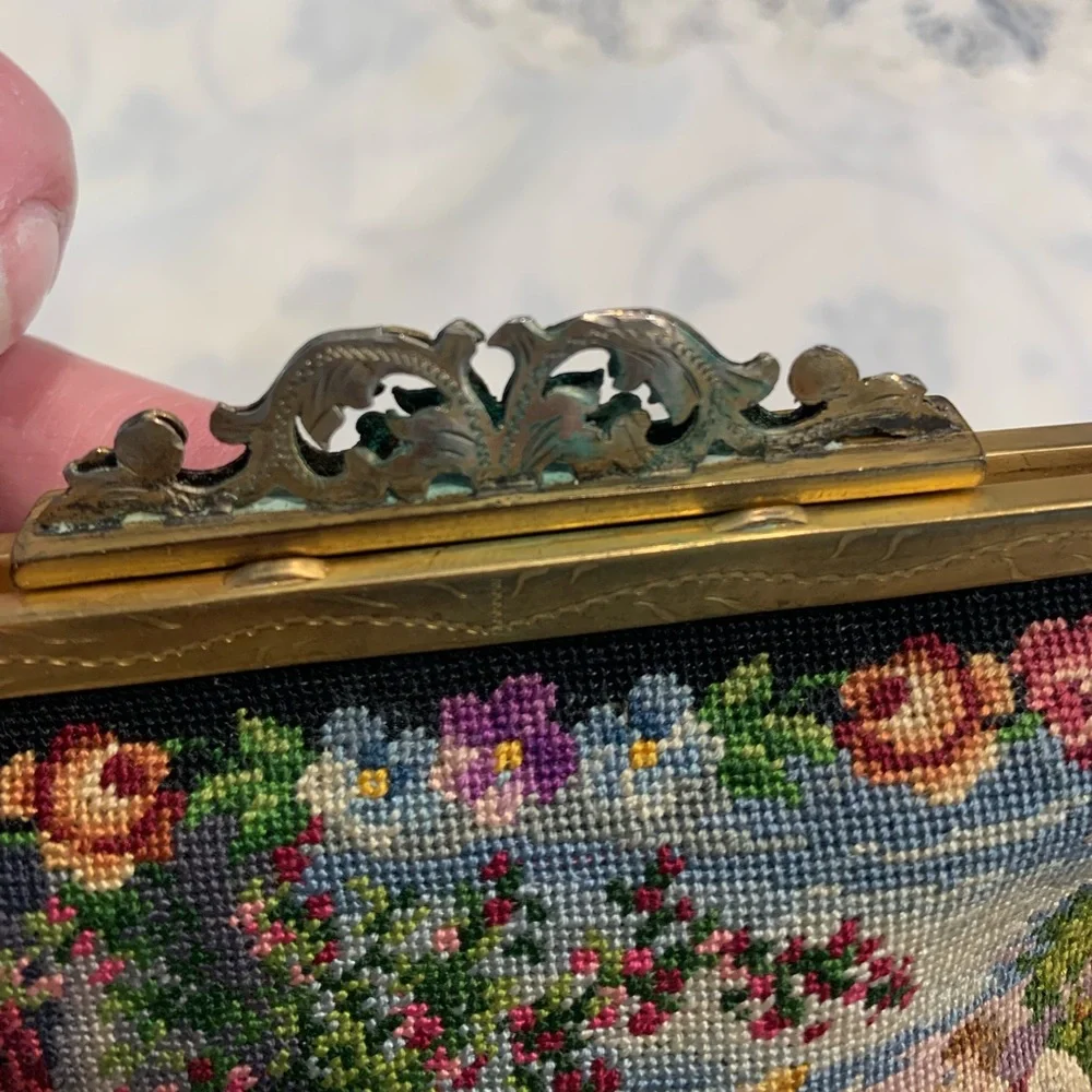 Antique Victorian petit point needlepoint brass Evening Purse